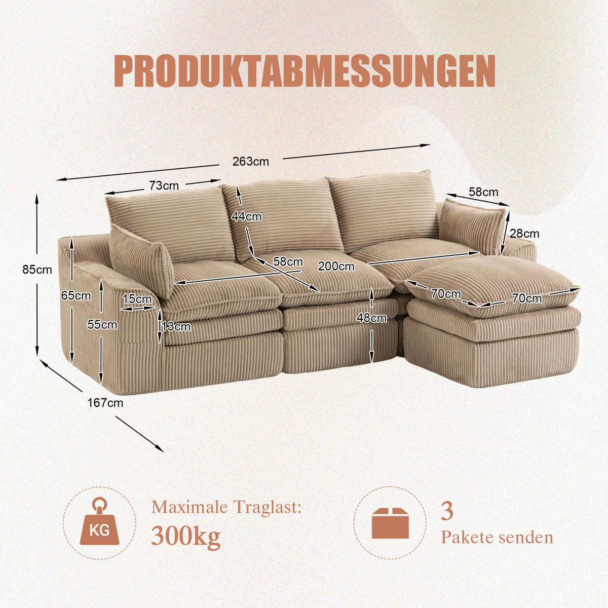 3-STIZER Sofa 263/167/85 cm mit Hocker, Cordbezug, Seitentaschen und Federkern, Khaki - Beige, Textil (263/85/167cm) - Redom