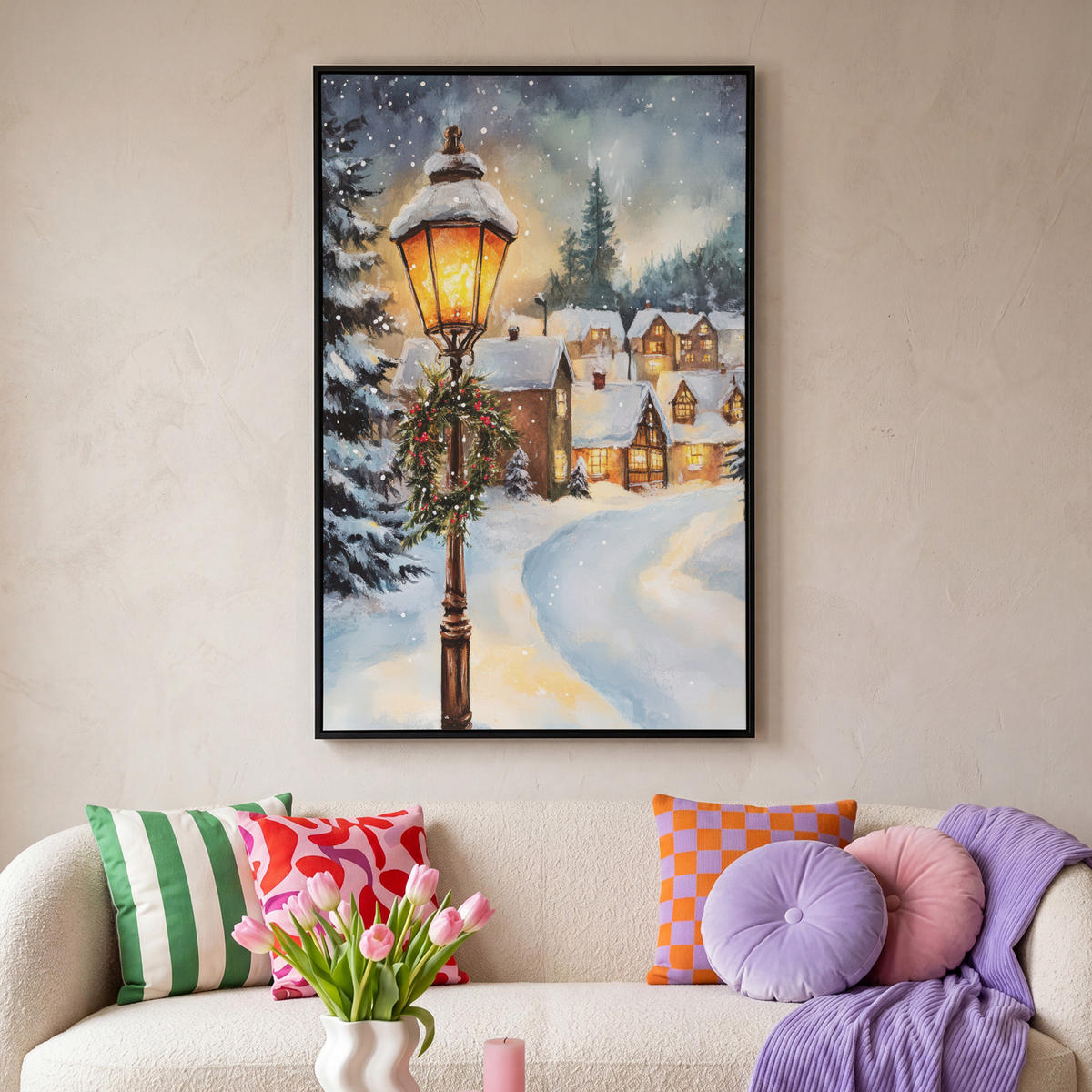 LEINWAND Bilder mit Rahmen - Weihnachtsdorf - Häuser - Schnee - Weihnachten - 80x120 - Sandfarben, Textil (80/120cm) - MuchoWow