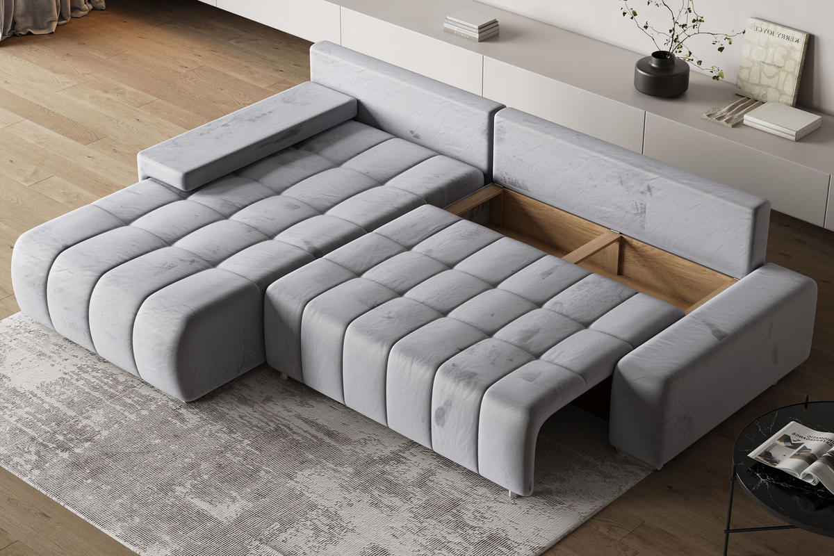 ECKSOFA ALESE L-S Creme Velours-Stoff mit Schlaffunktion - Creme, Holz (265/185cm) - MASSENO