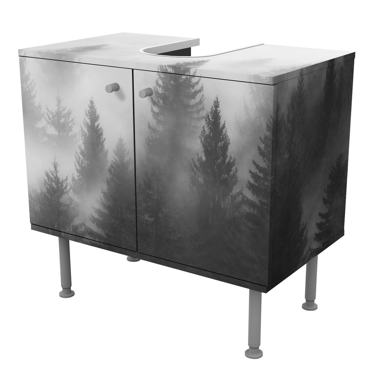 WASCHBECKENUNTERSCHRANK Nadelwald im Nebel Schwarz Weiß 60/55/35 cm - Schwarz, Holzwerkstoff (60/55/35cm) - Bilderwelten