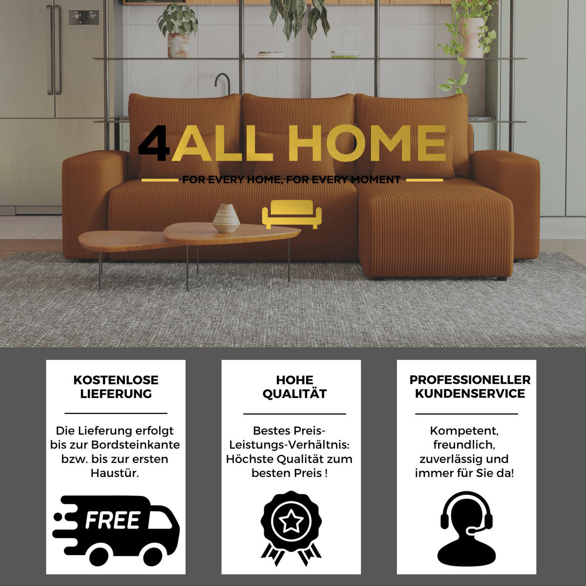 ECKSOFA Travis mit Bettkasten und Schlaffunktion, L-Form, Cord, Universal - Rostfarben, Holzwerkstoff (248/148cm) - 4ALL HOME