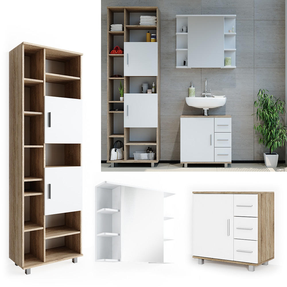 BADMÖBEL-SET Ilias Sonoma 3 Teile, mit Hochschrank - Weiß/Sonoma Eiche, Holzwerkstoff (60/60.8/33cm) - Vicco
