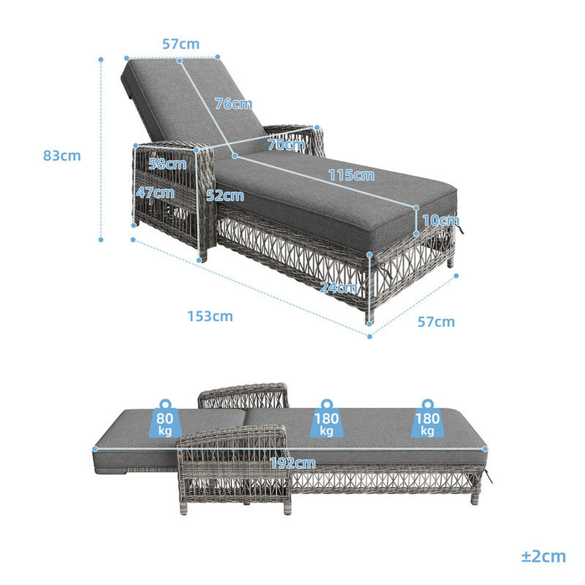 SONNENLIEGE RATTAN WETTERFEST verstellbare Rückenlehne Grau - Grau, Kunststoff (57/83/153cm) - Kaket