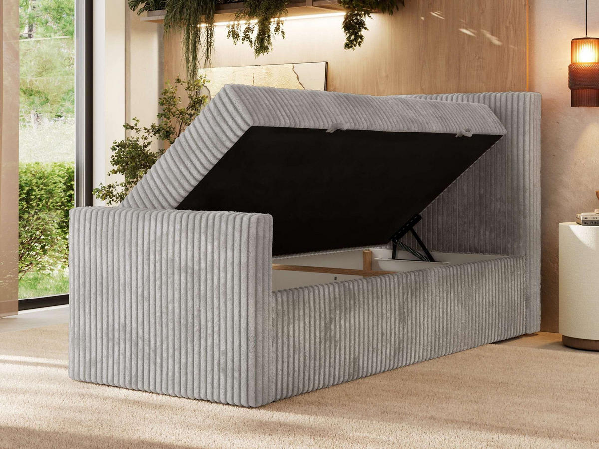 BOXBETT TILIANO DUO 90/200 - Hellgrau Cord - H3 - Topper Visco - Rechts Seite - Hellgrau, Textil (90/200cm) - MKS