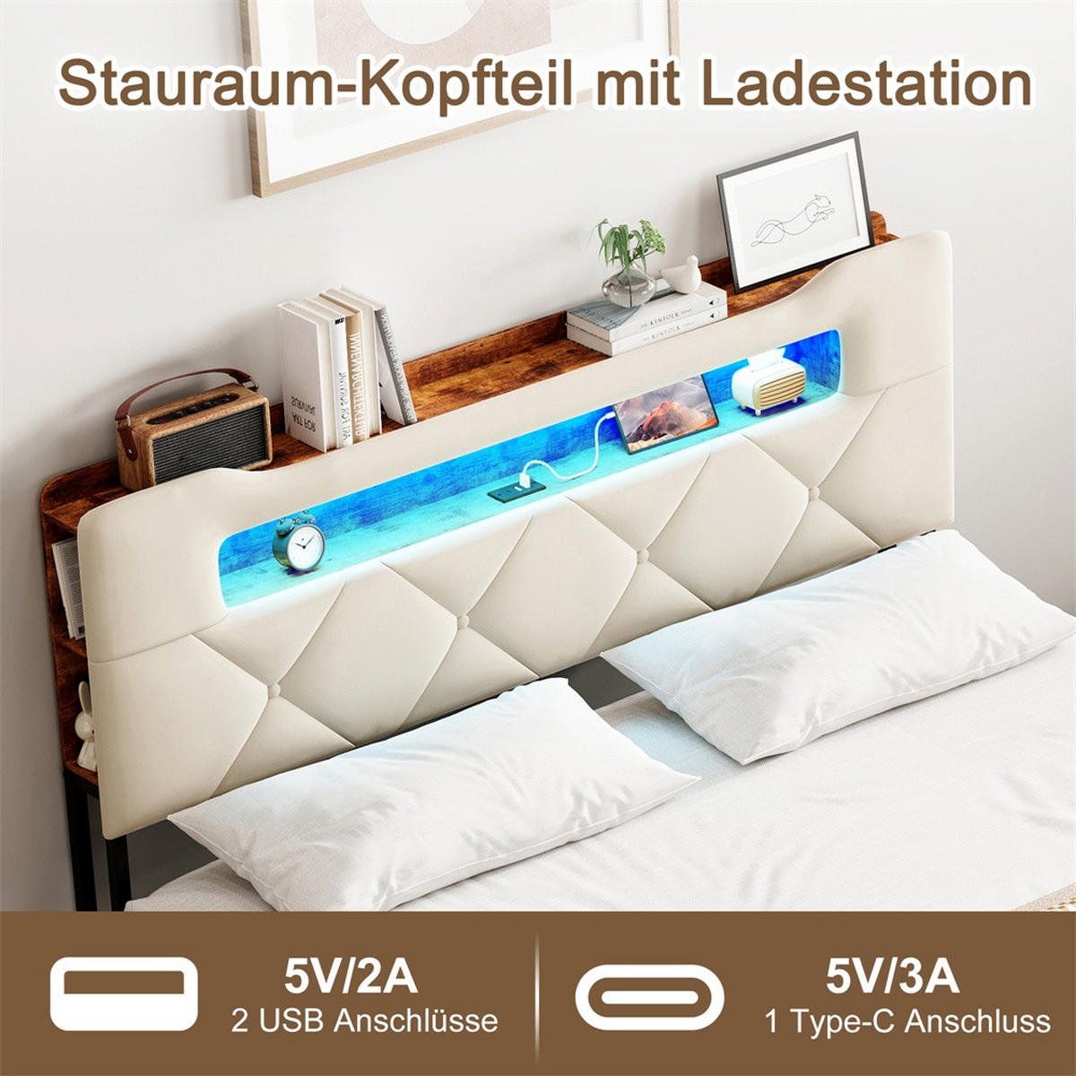 POLSTERBETT 140x200 cm - Doppelbett mit Stauraumkopfteil - 4 Schubladen und LED-Beleuchtung - ohne Matratze - Beige - Beige, Textil (140/200cm) - DELFA
