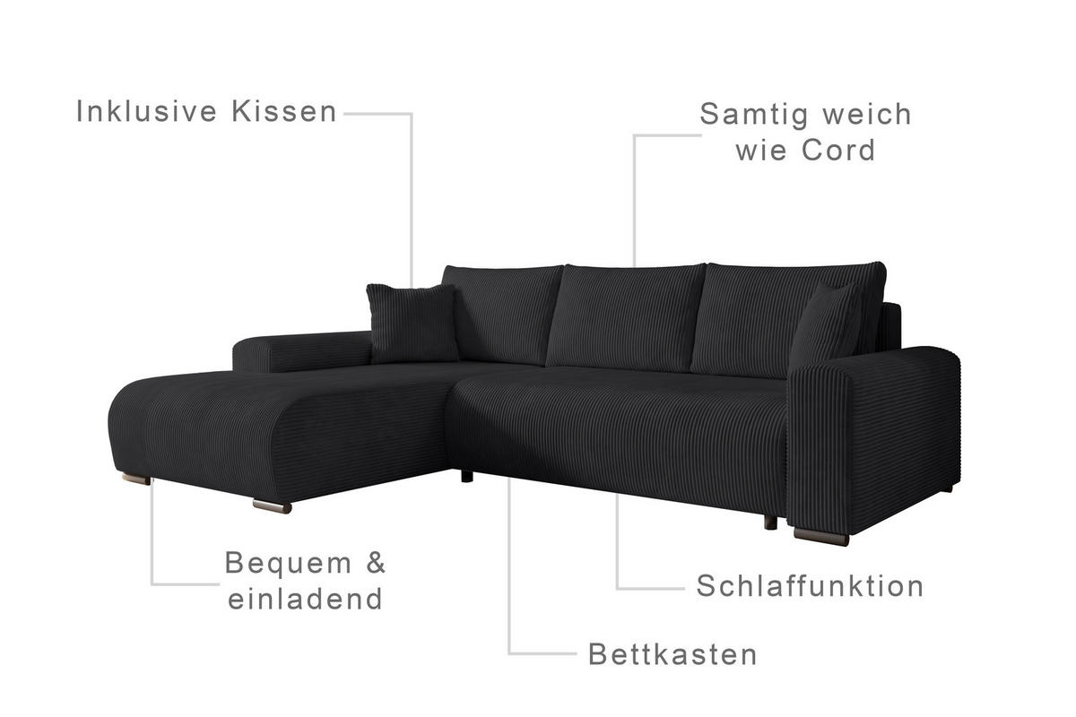 ECKSOFA Nelly mit Bettkasten und Schlaffunktion, Cordstoff in L-Form - Schwarz, Textil (270/185cm)