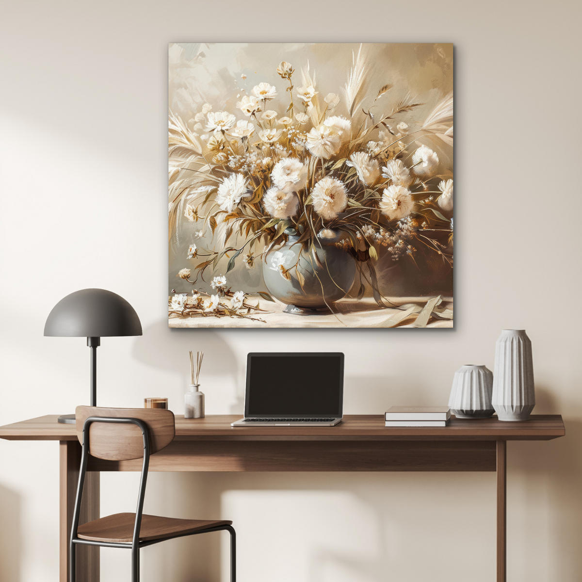 KOVOVÝ OBRAZ Kvety - Váza - Zátišie - Béžová 90x90 cm - krémová, kov (90/90cm) - MuchoWow