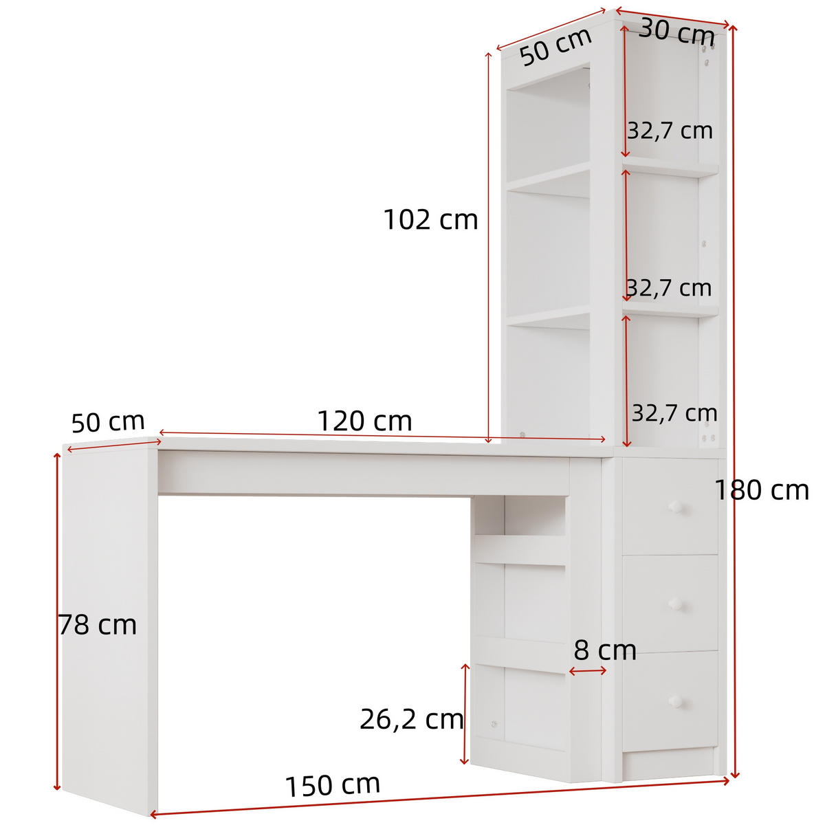 SCHREIBTISCH mit Bücherregal MDF 150x50x180 cm - Weiß, Holzwerkstoff (50/150/180cm) - Gisaae
