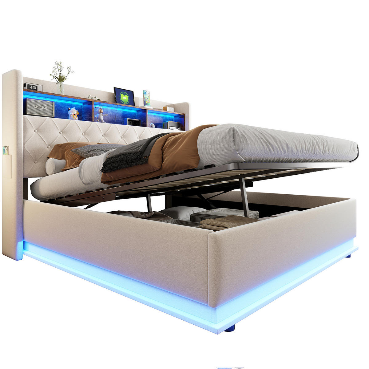 ČALÚNENÁ posteľ z látky 180x200 cm béžová s LED osvetlením, USB portom a hydraulickým úložným priestorom - béžová, textil (180/200cm) - Modfu
