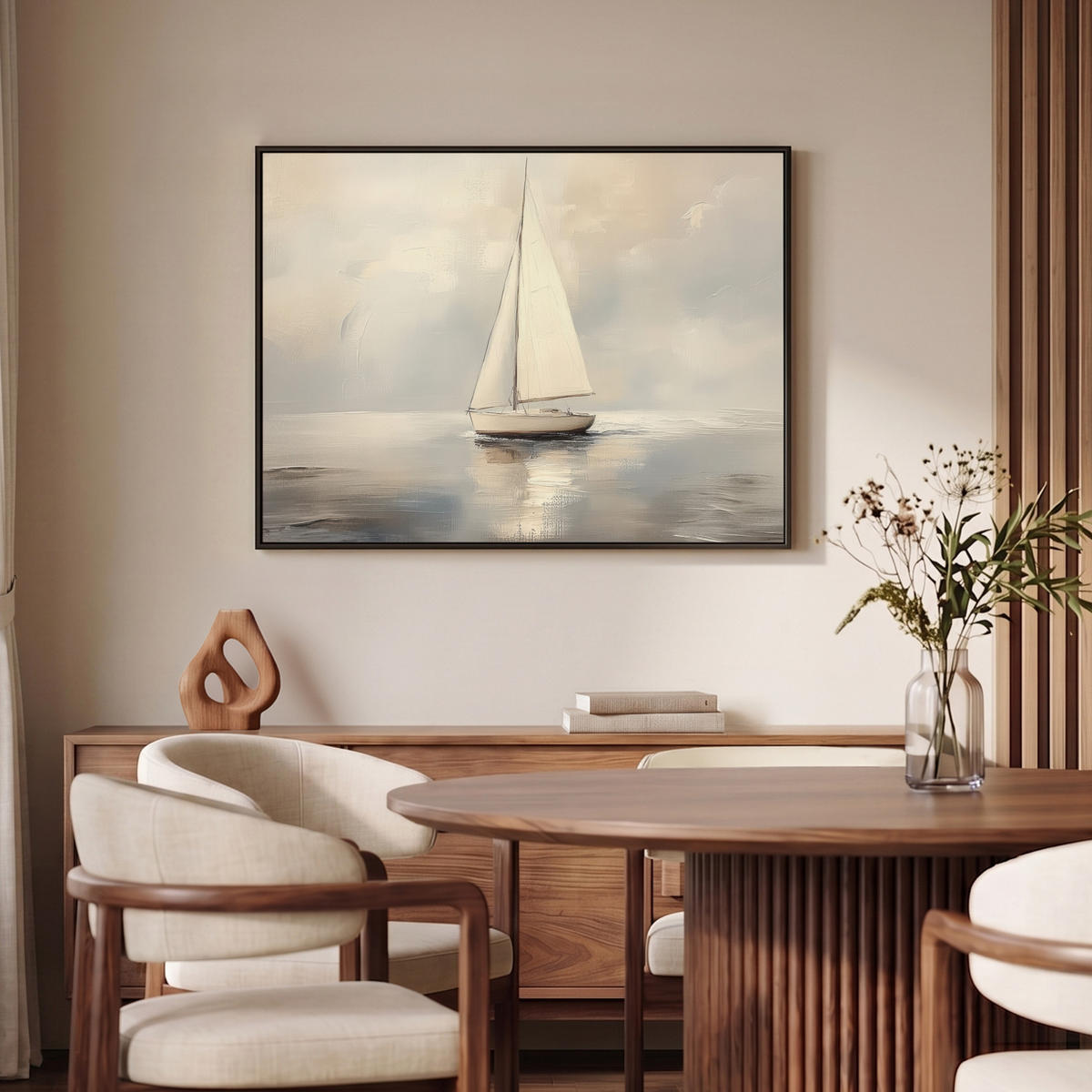 LEINWAND Bilder mit Rahmen - Segelschiff - Meer - Bewölkt - 100x70 - Creme, Textil (100/70cm) - MuchoWow