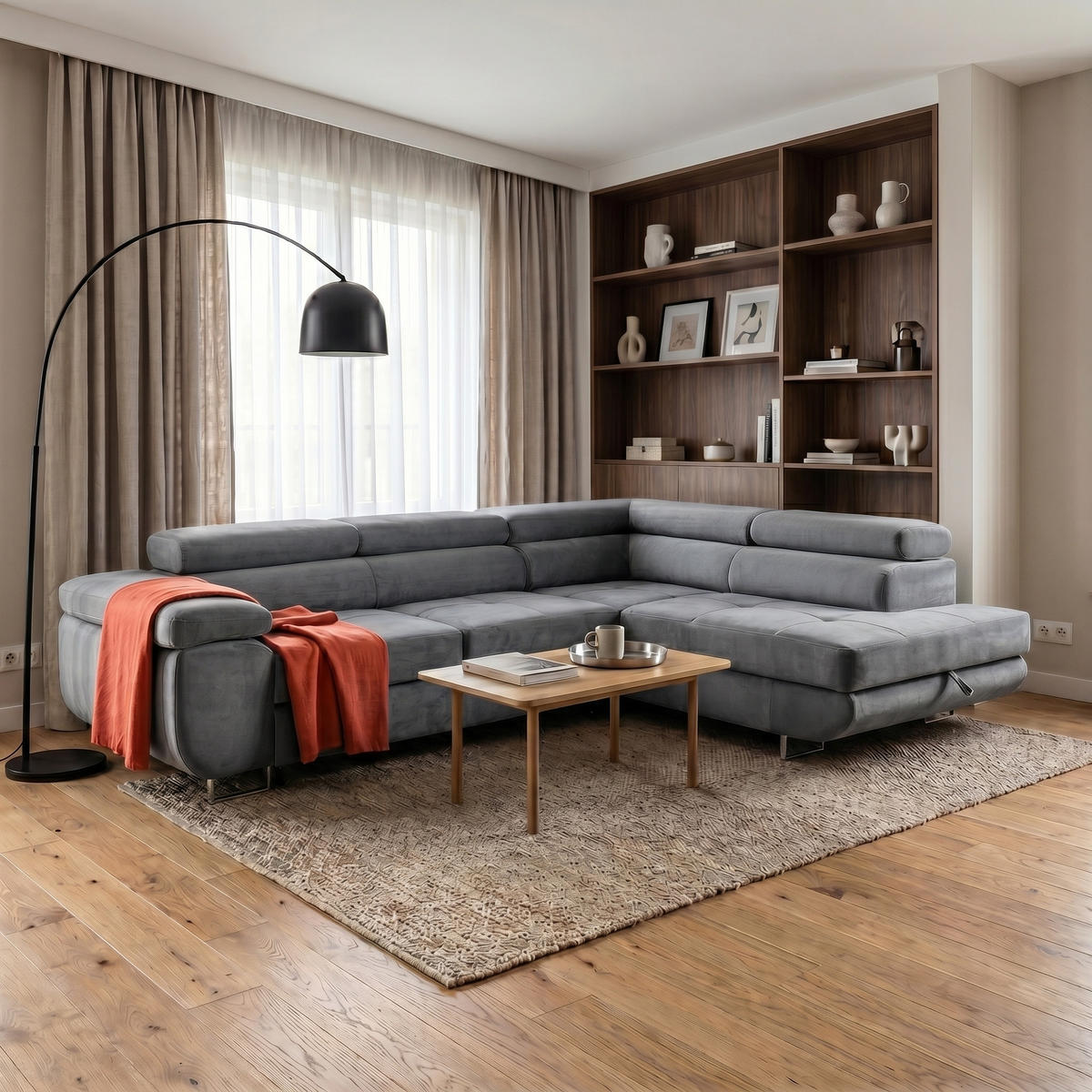 ECKSOFA WILD L Rechts mit Schlaffunktion 127x195 Velours Grau - Chromfarben/Grau, Holz/Textil (274/203cm) - Muffo