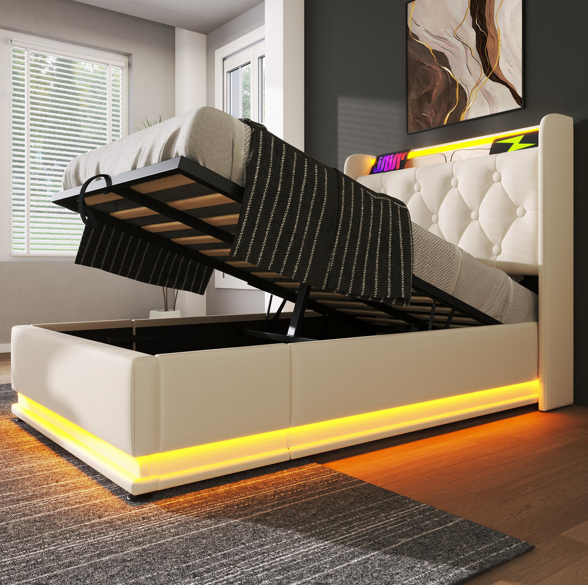 POLSTERBETT 90/200 cm mit hydraulischem Bettkasten, 360° LED & USB/Typ-C, weiß PU - Weiß, Kunststoff (90/200cm) - Redom