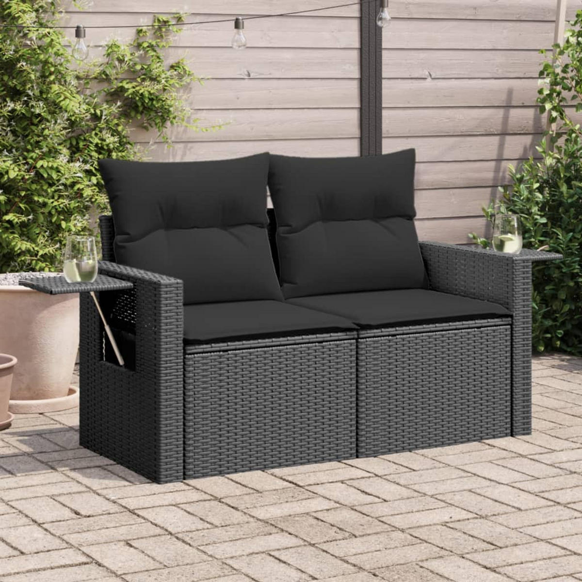 GARTENSOFA Mit Kissen 2-Sitzer Schwarz Poly Rattan - Schwarz, Kunststoff (124/69/62cm) - vidaXL
