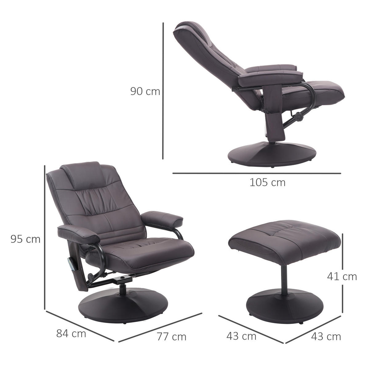 MASSAGESESSEL in Braun mit Hocker, 360° drehbar und frei verstellbarer Rückenlehne,77/84/95 cm - Braun, Metall (77/95/84cm) - Flora Grace