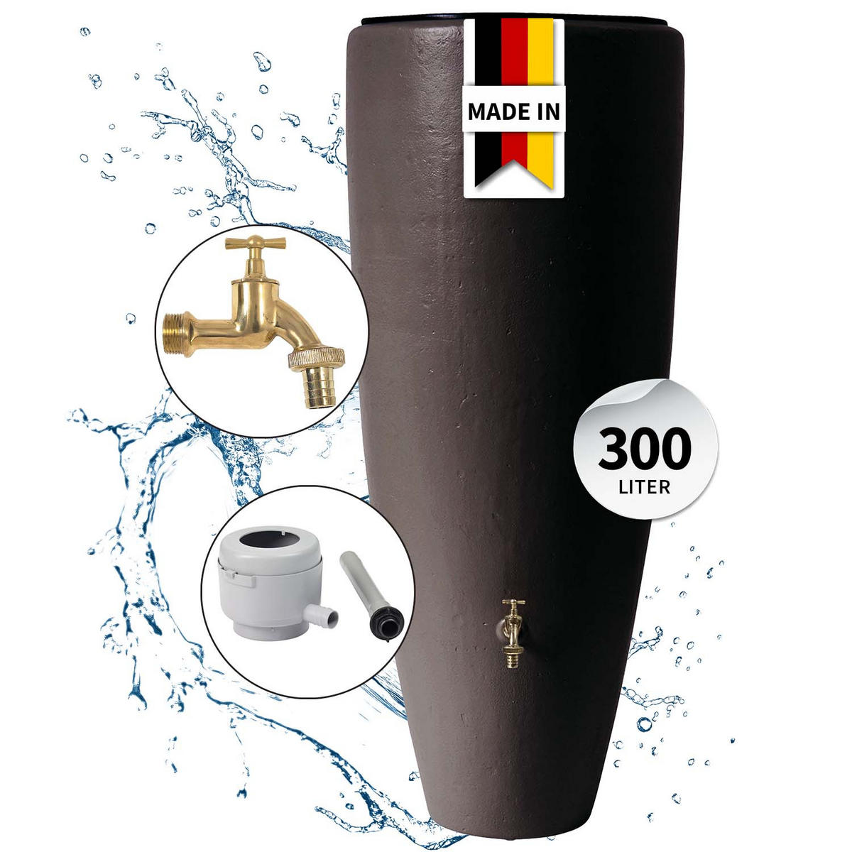 2IN1 Regentonnen Komplett-Set 300 L mocca inkl. Messing-Auslaufhahn und Fallrohranschluss - Mokka, Kunststoff (62/145/62cm) - GARANTIA