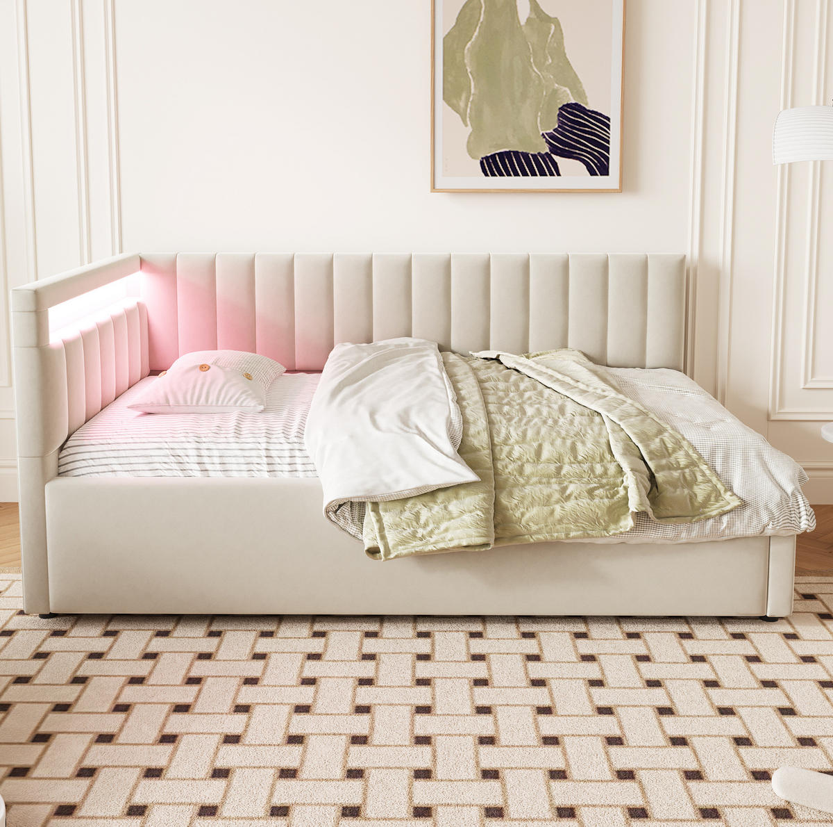 POLSTERBETT 90/200 cm beige aus Samt mit LED und hydraulischem Stauraum - Beige, Textil (90/200cm) - OKWISH