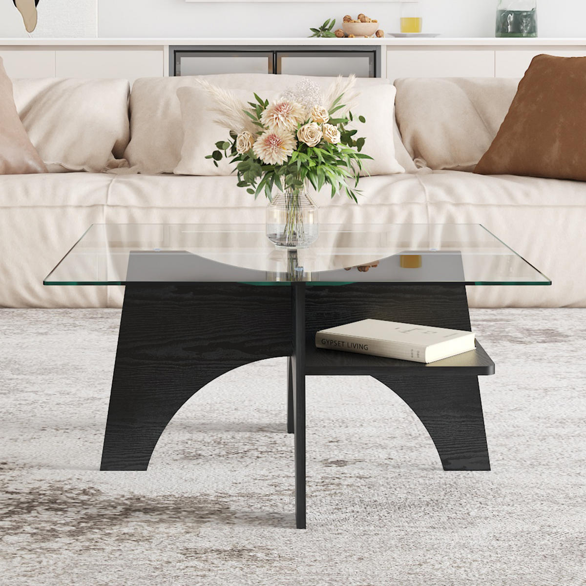 COUCHTISCH 80/80/40 cm Schwarz mit Sicherheitsglasplatte und Ablagefach aus MDF - Schwarz, Holzwerkstoff (80/80/40cm) - OKWISH