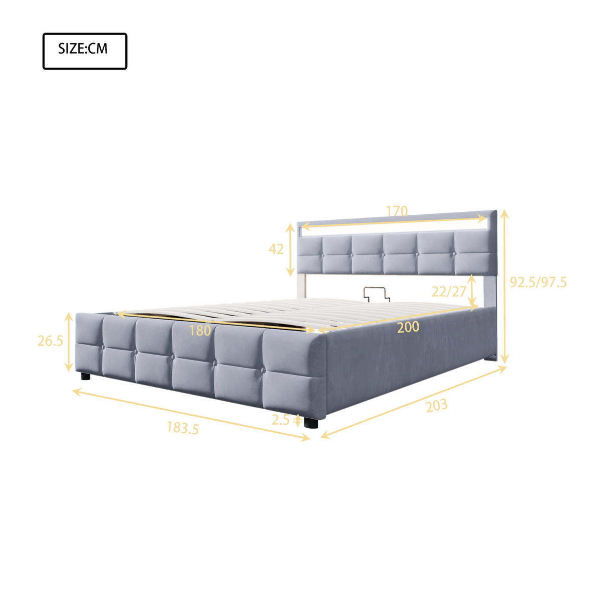 POLSTERBETT 180/200 cm mit LED-Beleuchtung, Lattenrost und hydraulischem Bettkasten aus Samt, Grau - Grau, Textil (180/200cm) - Redom