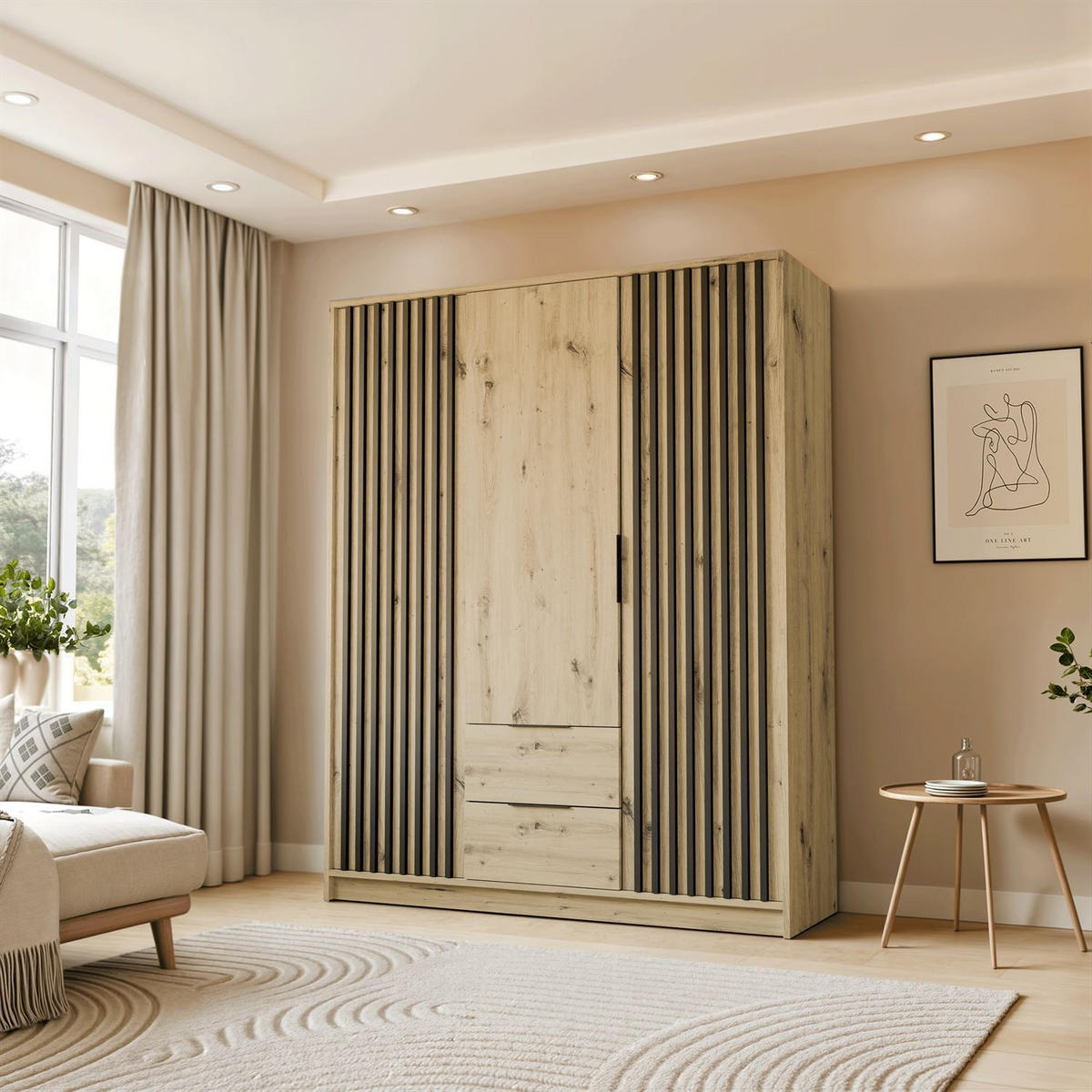 KLEIDERSCHRANK NELA, dreitürig mit Lamellen, 155 cm, Artisan/Schwarz - Eiche Artisan, Holzwerkstoff (155/200/51cm) - Lookway