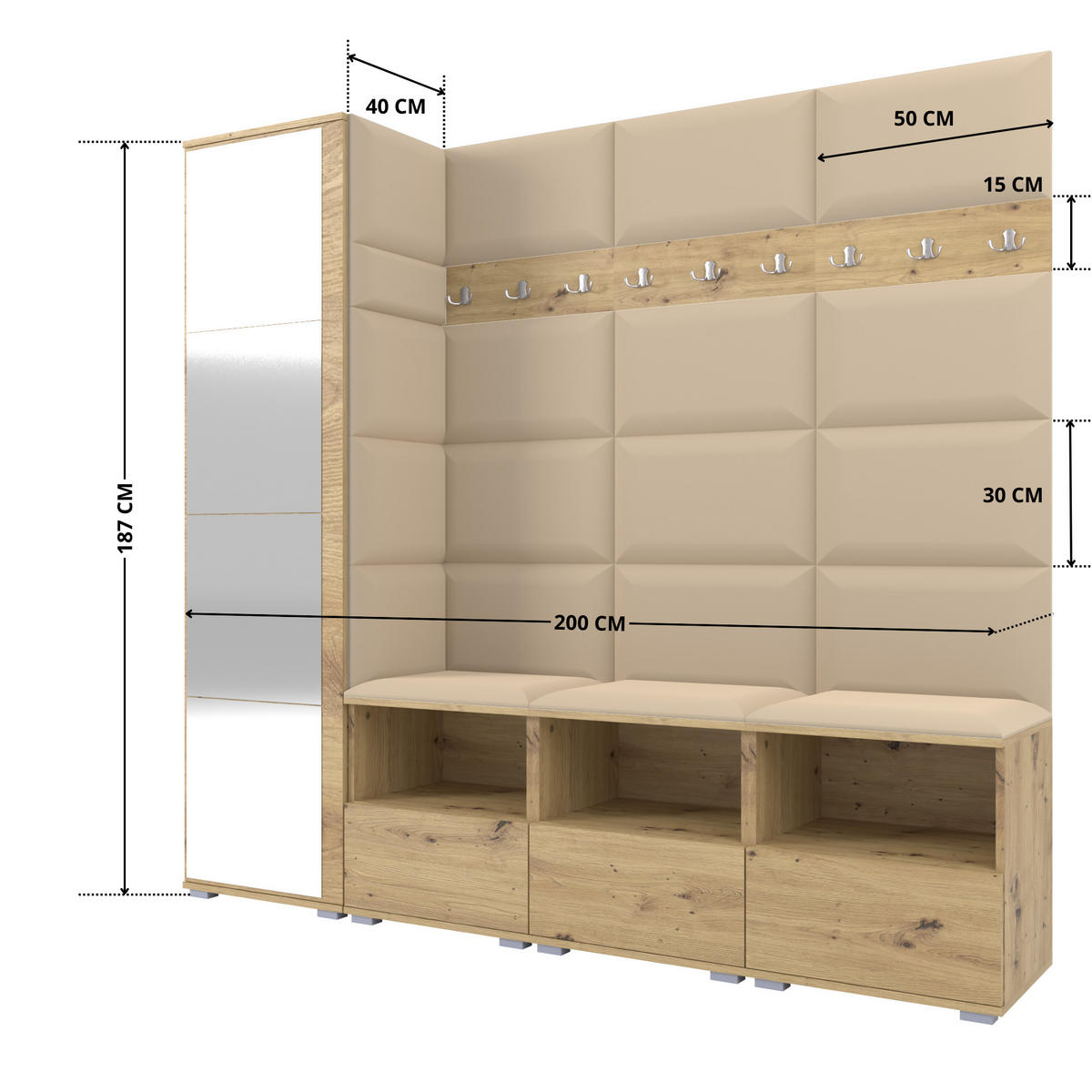 GARDEROBE NELA IX 200 cm (Modulare Flurmöbel Artisan Eiche mit Spiegel & Sitzpolster Beige 04 Breite Sitzbank) - Beige/Silberfarben, Holz/Holzwerkstoff (200/187/40cm) - Ravio