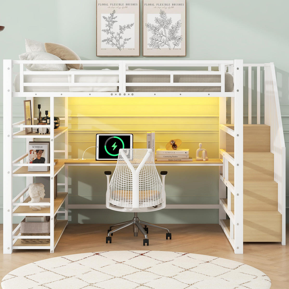 HOCHBETT 140/200 cm aus Metall mit Schreibtisch, Stauraumtreppe, Regal, LED und USB-Ladestation, Weiß - Weiß, Holzwerkstoff (140/200cm) - Redom