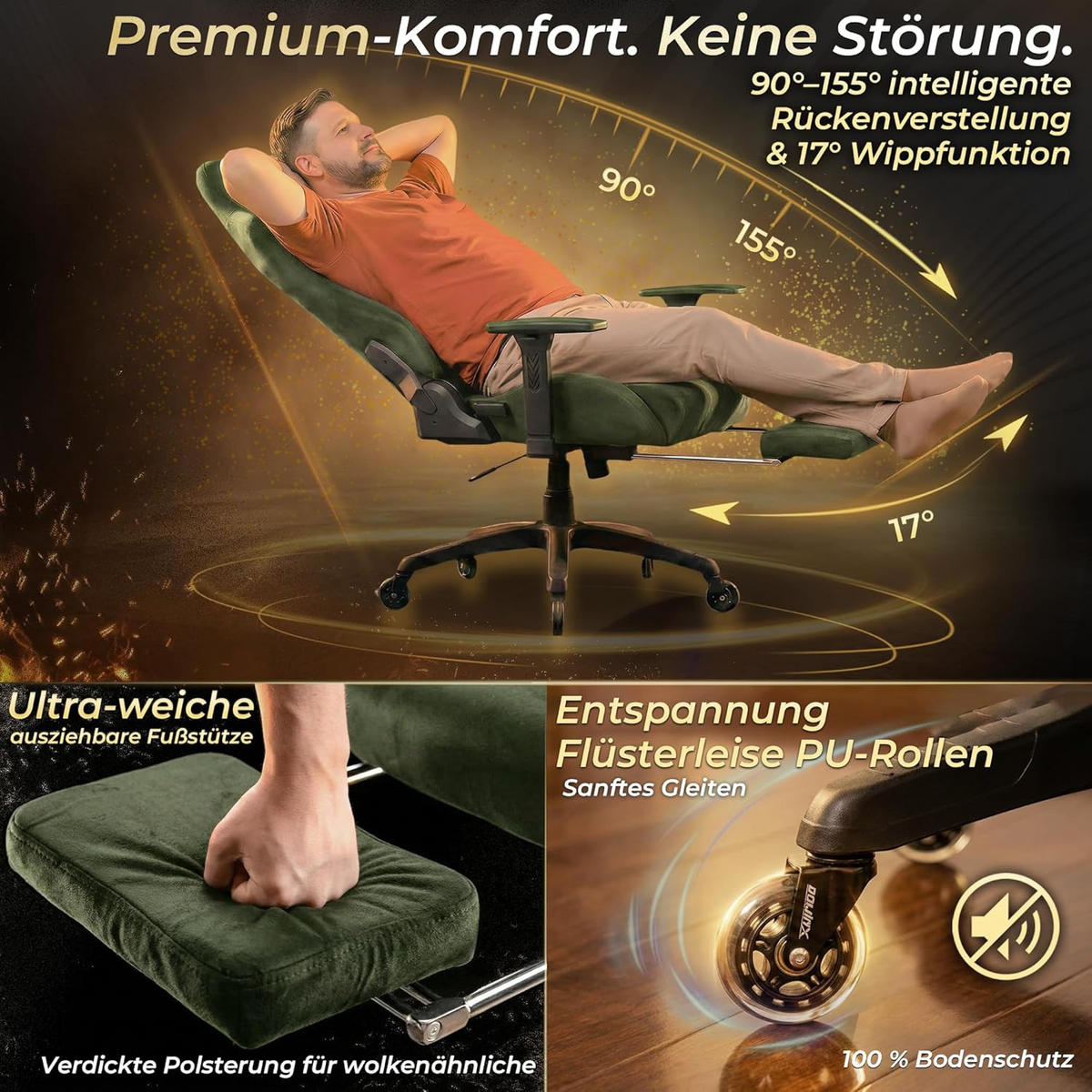 GAMING-STUHL Mikrofaser-Velours Verstellbarer Bürostuhl mit Fußstütze - Grün, Leder (70/128/70cm)
