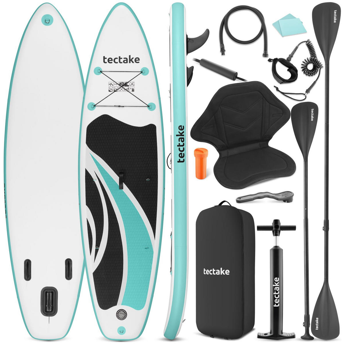 STAND UP PADDLE BOARD Zenon, Belastbarkeit 200 kg, inklusive Kajak-Sitz, weiß/türkis - Weiß, Kunststoff (320/84/0.4cm) - tectake