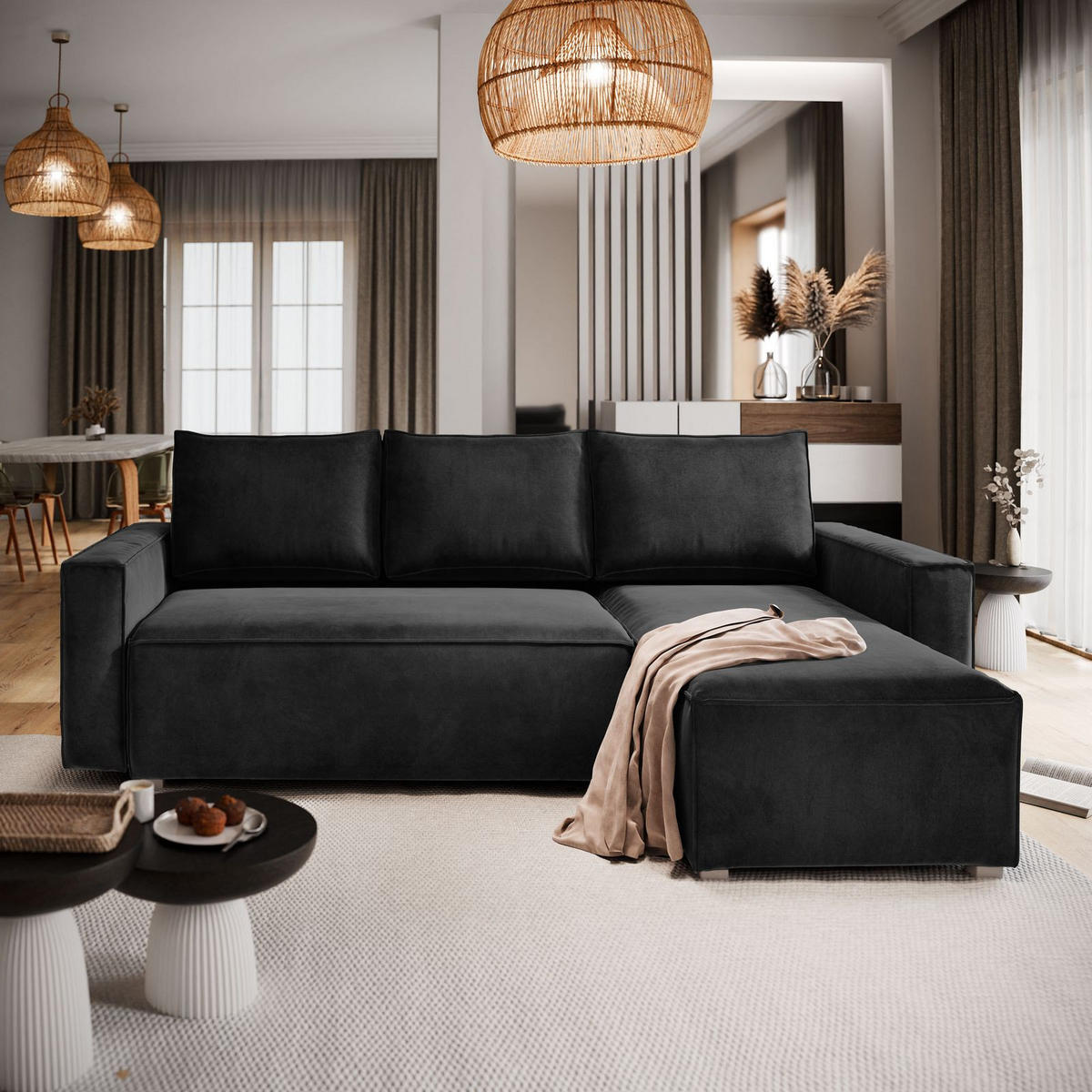 ECKSOFA SILES Schwarz Velours-Stoff mit Schlaffunktion - Schwarz, Holz (230/140cm) - MASSENO