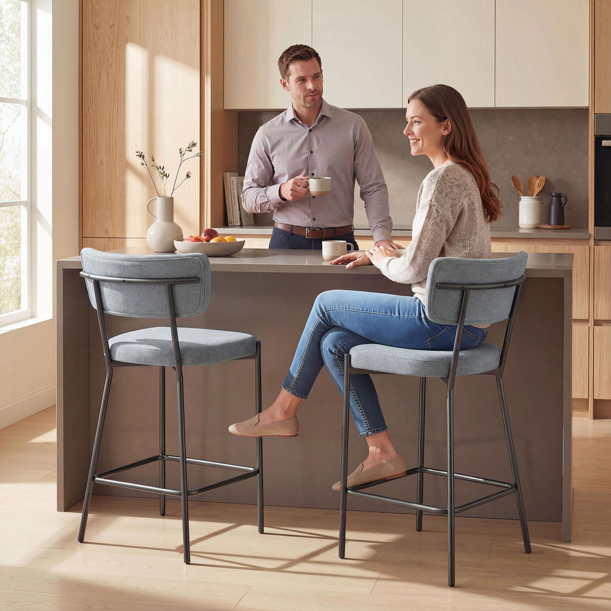 BARHOCKER 2er-Set DE-14821 gepolstert mit gebogener Rückenlehne Grau - Hellgrau, Metall (49/93/53cm) - ComfortXL