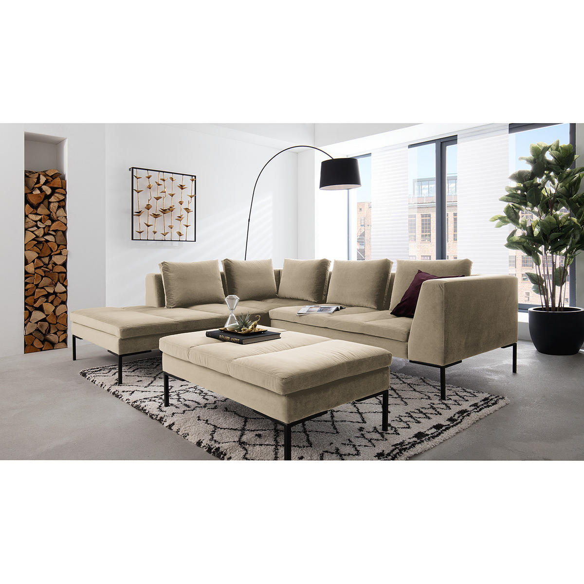 ECKSOFA mit Ottomane - Beige/Schwarz, Textil/Metall (255/230cm) - home24