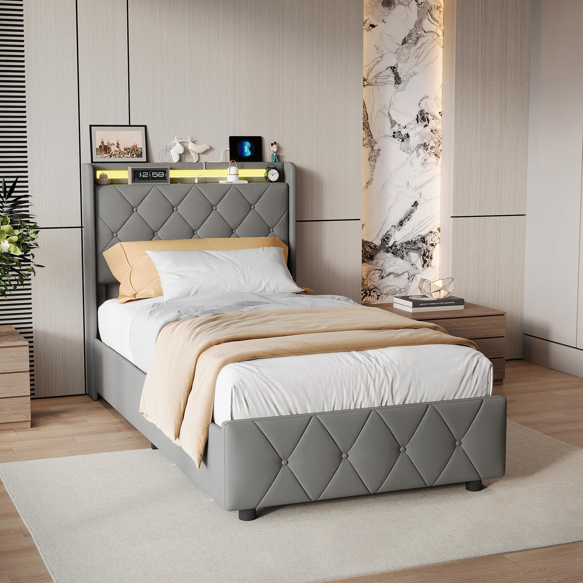 POLSTERBETT 90/200 cm Grau mit Schubladen und USB-Anschlüssen - Grau, Holz (90/200cm) - SHOPENTRA