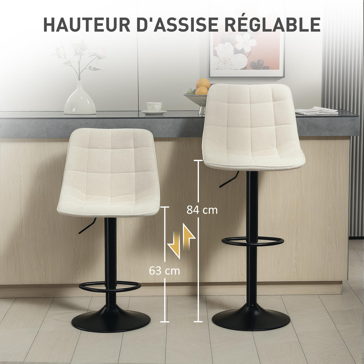 BARHOCKER 2er-Set DE-14754 höhenverstellbar mit Fußstütze Beige - Beige, Metall (47/115.5/48cm) - ComfortXL