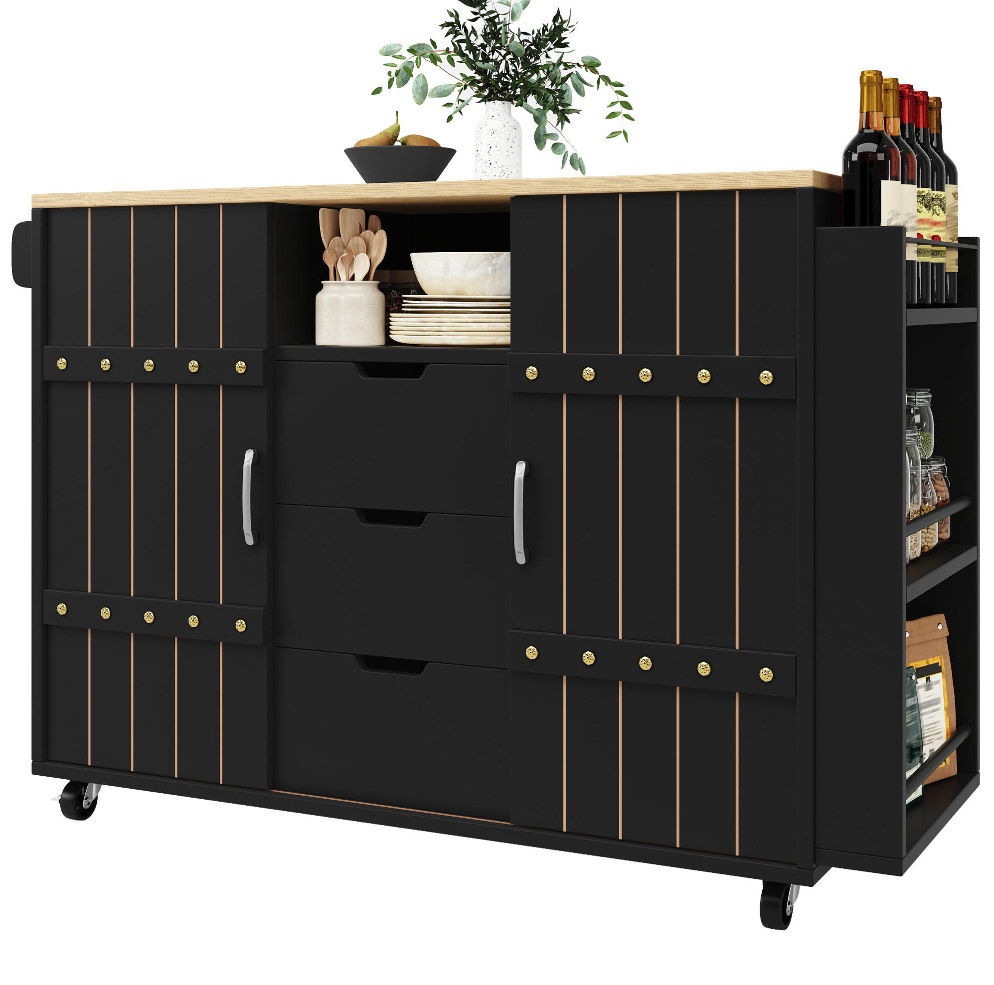 KÜCHENINSEL 110/90/42 cm Schwarz aus MDF mit klappbarer Tischplatte - Schwarz, Holzwerkstoff (42/90/110cm) - OKMYHOME