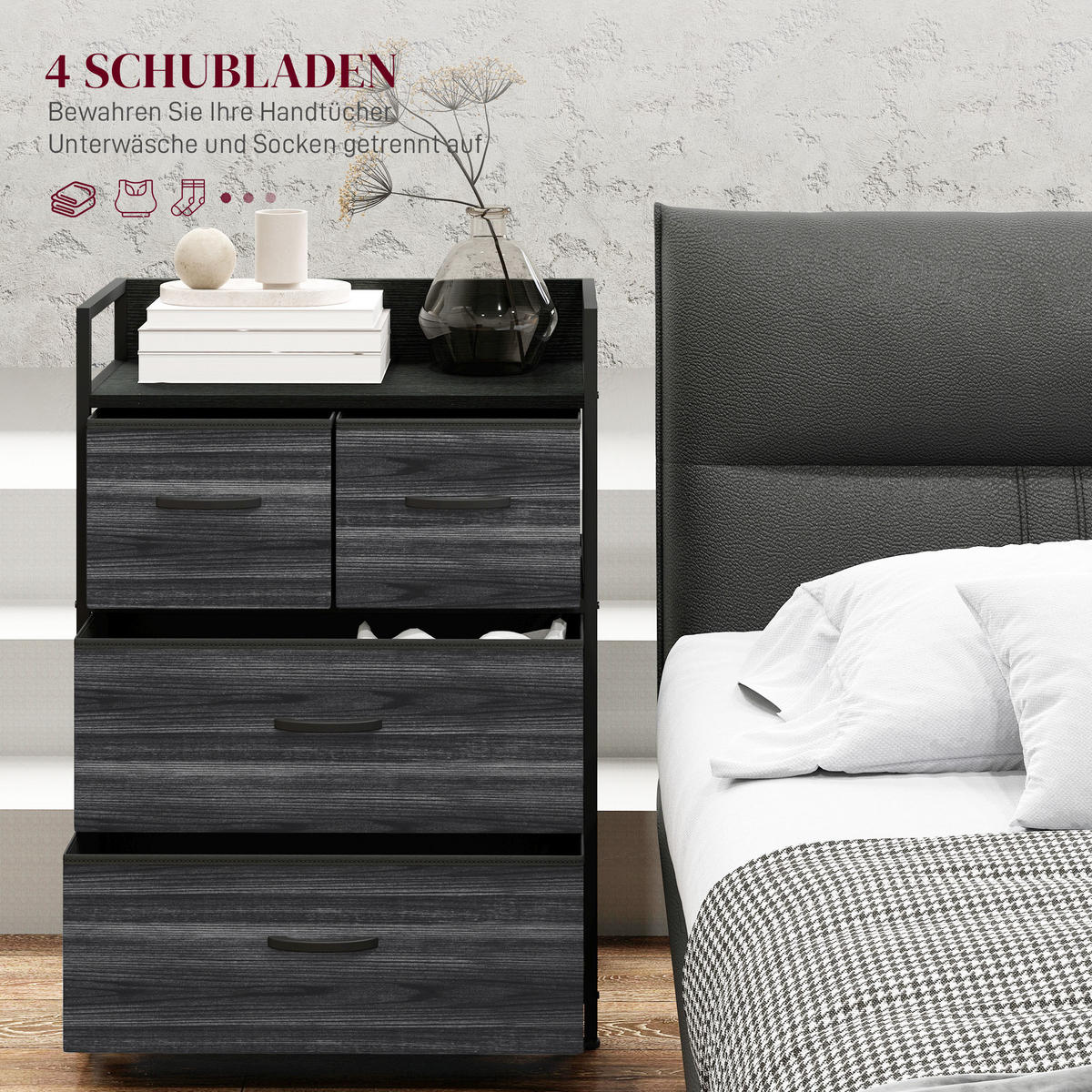 KOMMODE, Sideboard mit 4 Faltbaren Schubladen aus Stoff, Regal und Griff Schwarz - Schwarz, Textil/Metall (29/85/60cm) - HOMCOM