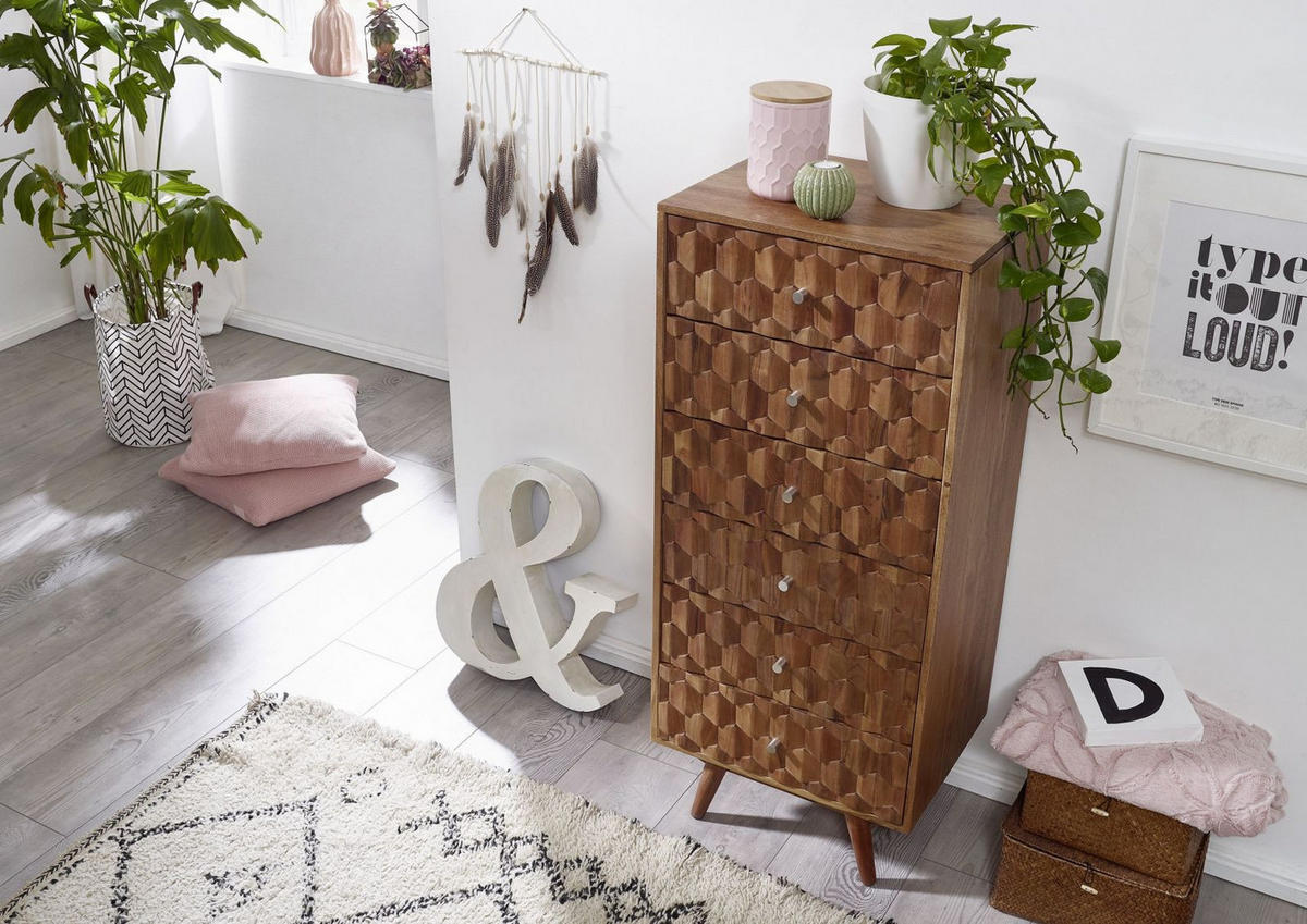 KOMMODE Akazie 53x42x125 natur lackiert MOSAYK #108 - Braun, Holz (53/125/42cm) - Massivmoebel24