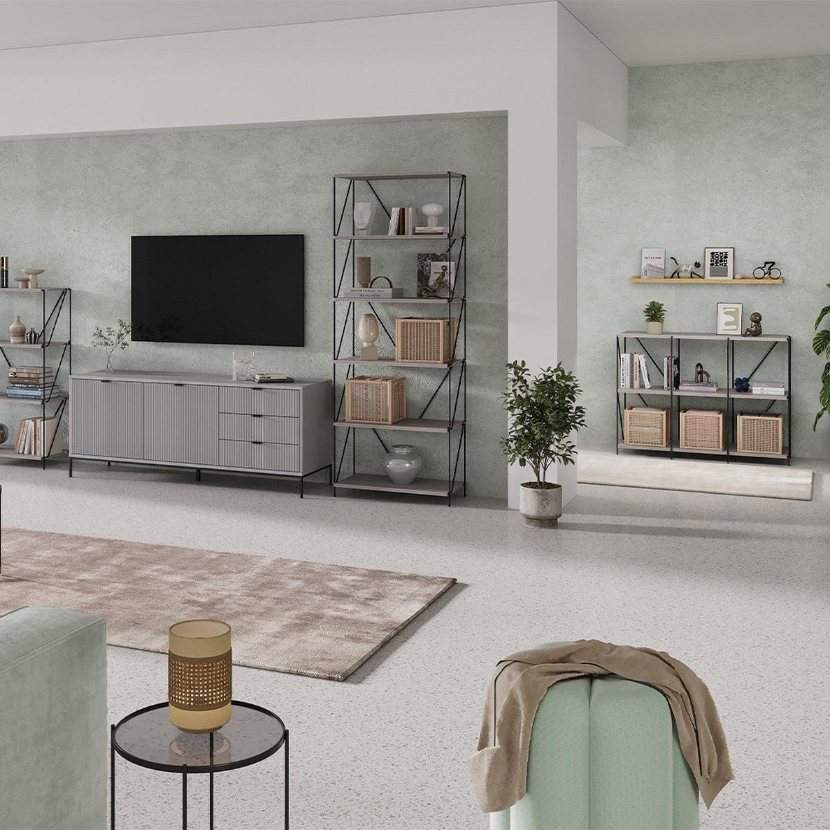 KNIHOVNA Ravix Béžová/černá - šedá/černá, kompozitní dřevo (90/71/30cm) - Vicco