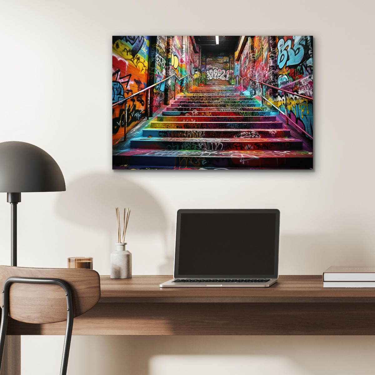 METALLBILD Treppe - Graffiti - Farben - Kunst 60x40 cm - Multicolor, Metall (60/40cm) - MuchoWow
