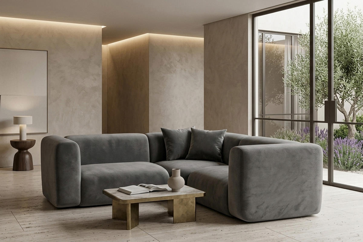 ECKSOFA Modulares, Corner Mini, Velvet-Stoff Bluvel, Aschgrau, GRETA - Grau, Holz (190/190cm) - Kaiser Möbel