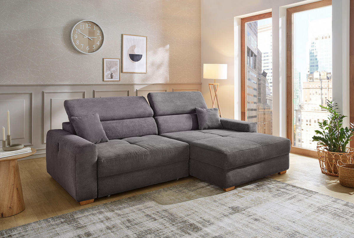 ECKSOFA mit elektrischer Sitztiefenverstellung, Kopflehnen verstellbar, USB-A und USB-C Ladefunktion B277/T187/H109 cm, Cord Grau Anthrazit / 15402 - Schieferfarben/Eichefarben, Eichenholz/Textil (277/187cm) - luma-home