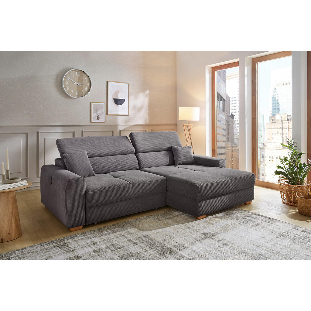 Thumbnail - luma-home Ecksofa, Anthrazit, Textil, Eiche, 3-Sitzer, Füllung: Polyurethan (Pur), Ottomane links, L-Form, rechts montie...