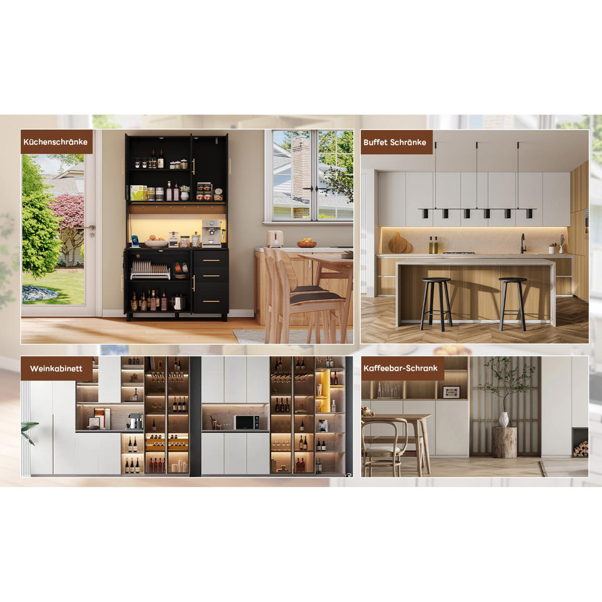 KÜCHENANRICHTE 100x40x183 cm, 3 Schubladen, 2 Steckdosen, 2 USB-Anschlüsse, LED-Beleuchtung, verstellbare Einlegeböden, Rattan, Goldgriffe, Schwarz - Schwarz, Holzwerkstoff (100/183/40cm) - FOHERE