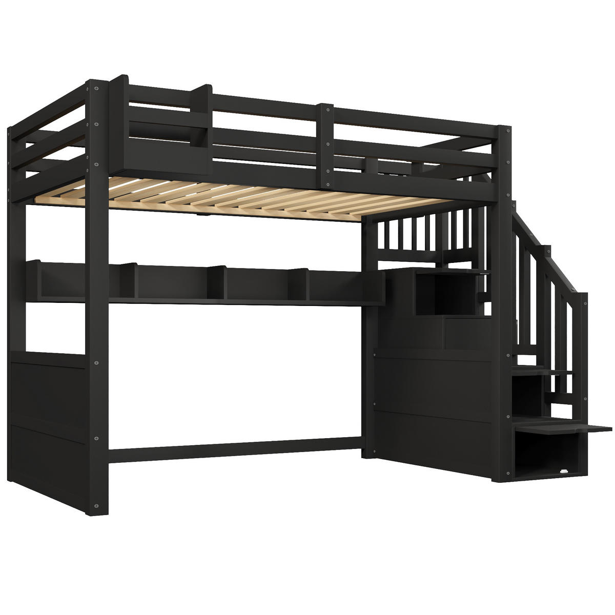 HOCHBETT 90/200 cm in Schwarz mit Stauraum, LED und Treppe - Schwarz, Metall (90/200cm) - STILVORA