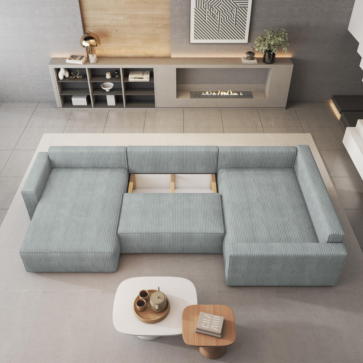 WOHNLANDSCHAFT VELAMI R-S Gelb Kordstoff mit Schlaffunktion - Gelb, Holz (365/83/194cm) - MASSENO