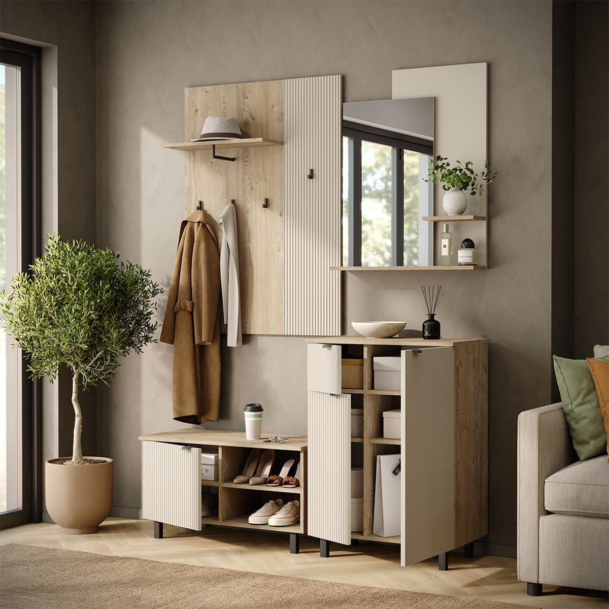 GARDEROBE Puerto, Eiche/Cashmere, 69 x 95 cm 4-er Set - Kaschmir/Eichefarben, Holzwerkstoff (69/95/40cm) - Vicco