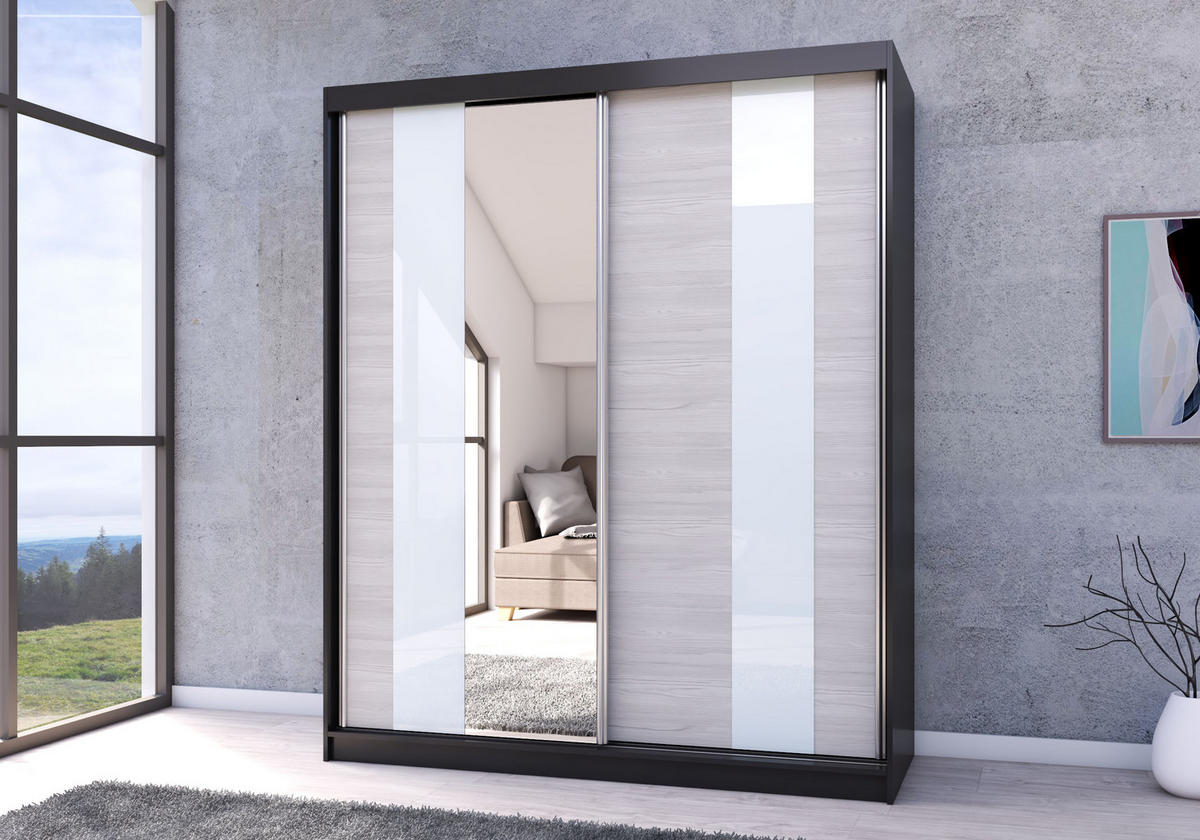 SCHWEBETÜRENSCHRANK Multi 32 Schwarz/Kathult Weiß + Spiegel 233cm - Alufarben/Schwarz, Glas/Holzwerkstoff (233/218/61cm) - imoebel24