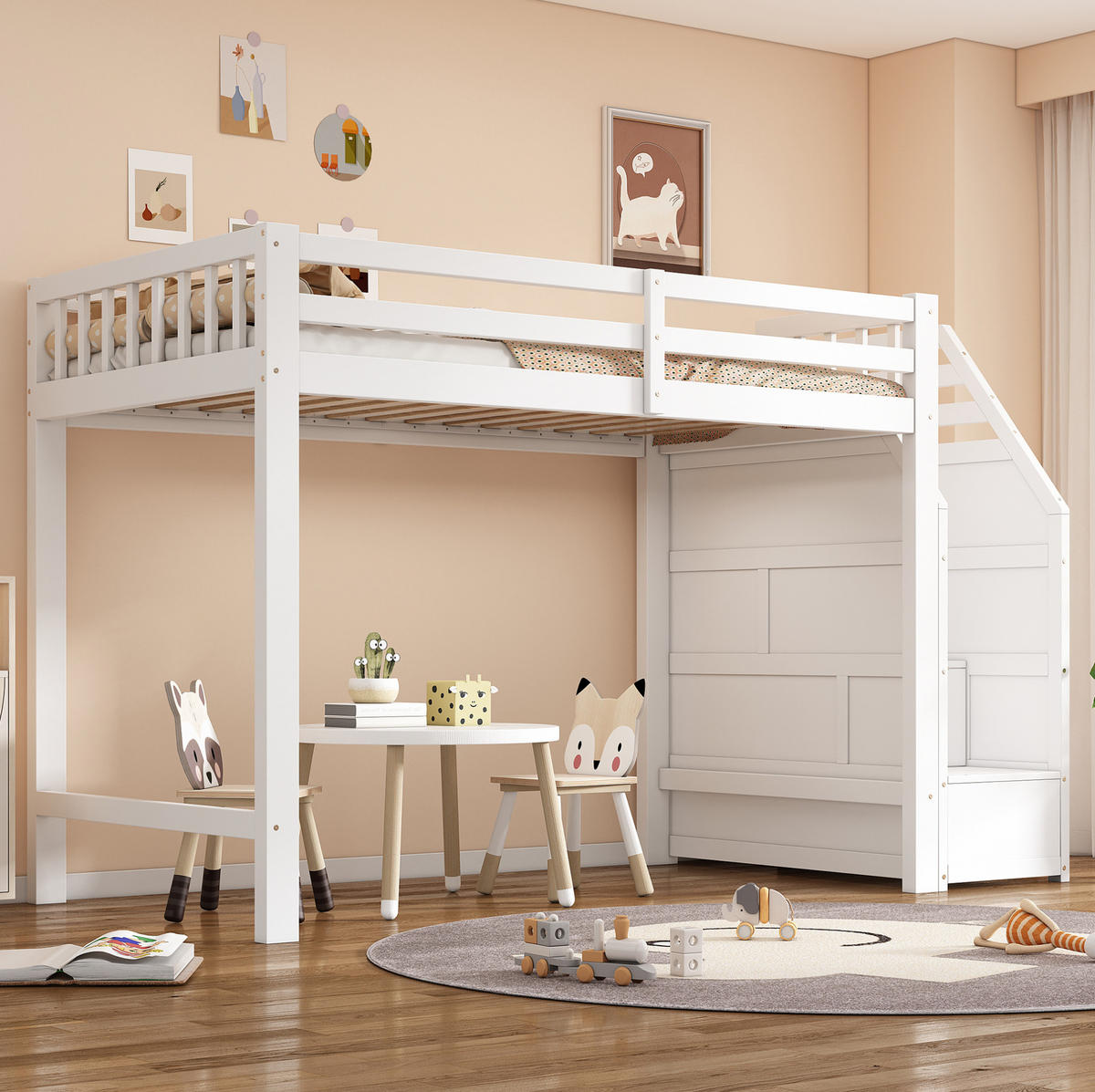 HOCHBETT 90/200 cm aus Kiefer und MDF mit Stauraumtreppe Weiß - Weiß, Holz (90/200cm) - Modenvie