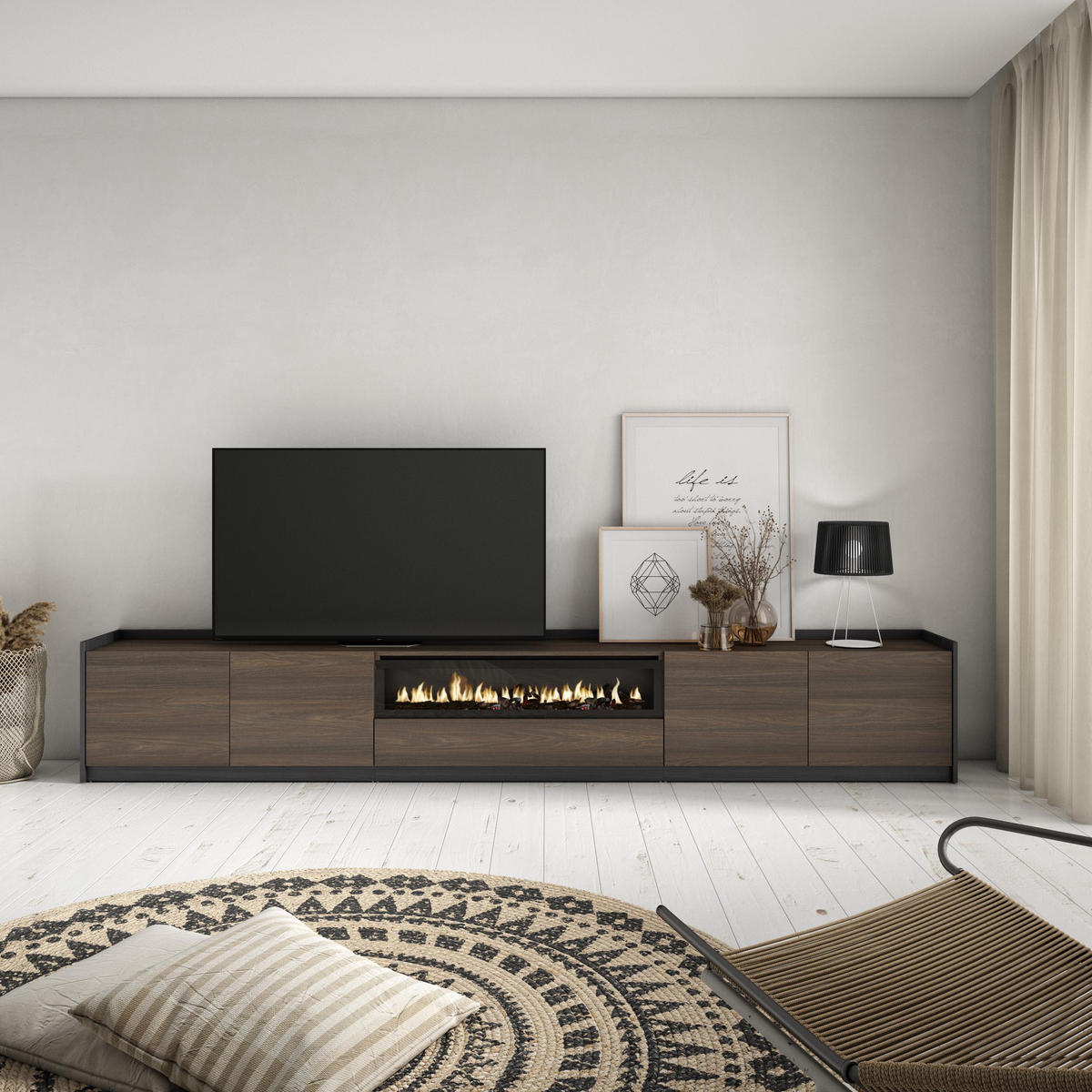 TV-SCHRANK, Dunkler Eiche und Schwarz, Elektrokamin, 310/37/50cm - Dunkelbraun, Holzwerkstoff (310/50/37cm) - Skraut Home
