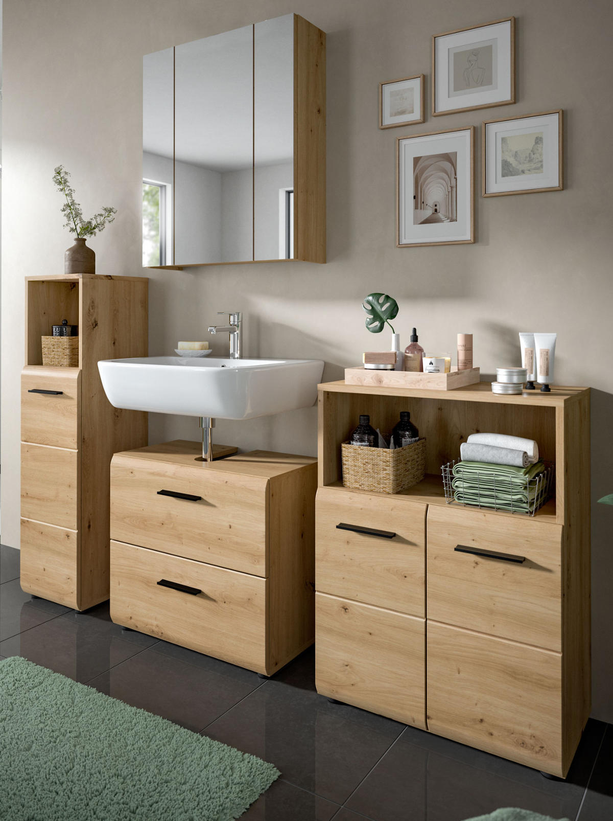 BADMÖBEL-SET 4-teilig in Artisan Eiche, Badkombination 180 x 185 cm, Cover - Schwarz/Eiche Artisan, Glas/Holzwerkstoff (180/185/30cm) - Inn.Furn