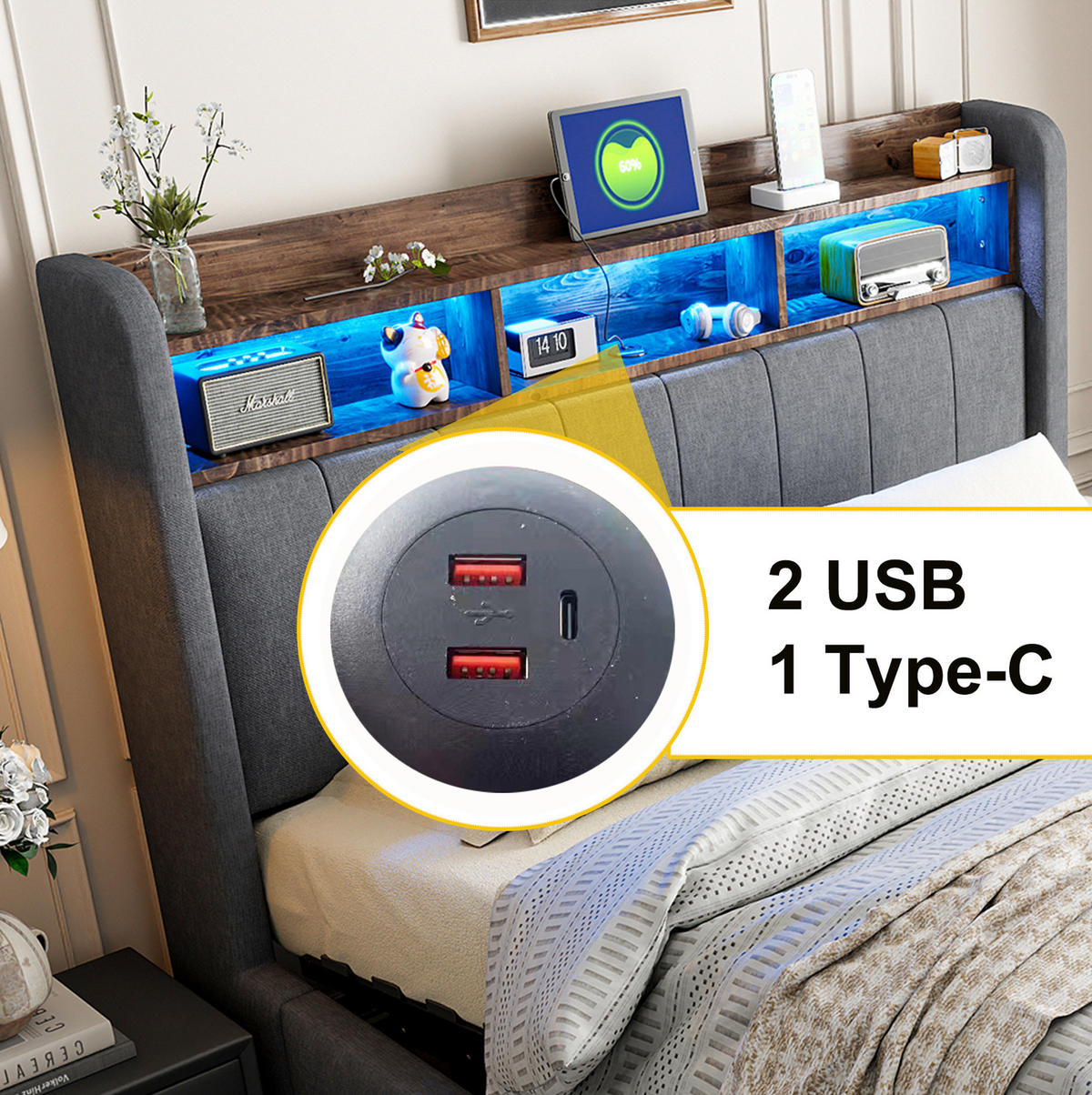ČALÚNENÁ posteľ 160/200 cm s LED osvetlením, USB-C a hydraulickým úložným priestorom z ľanového poťahu, Sivá - sivá, textil (160/200cm) - Redom