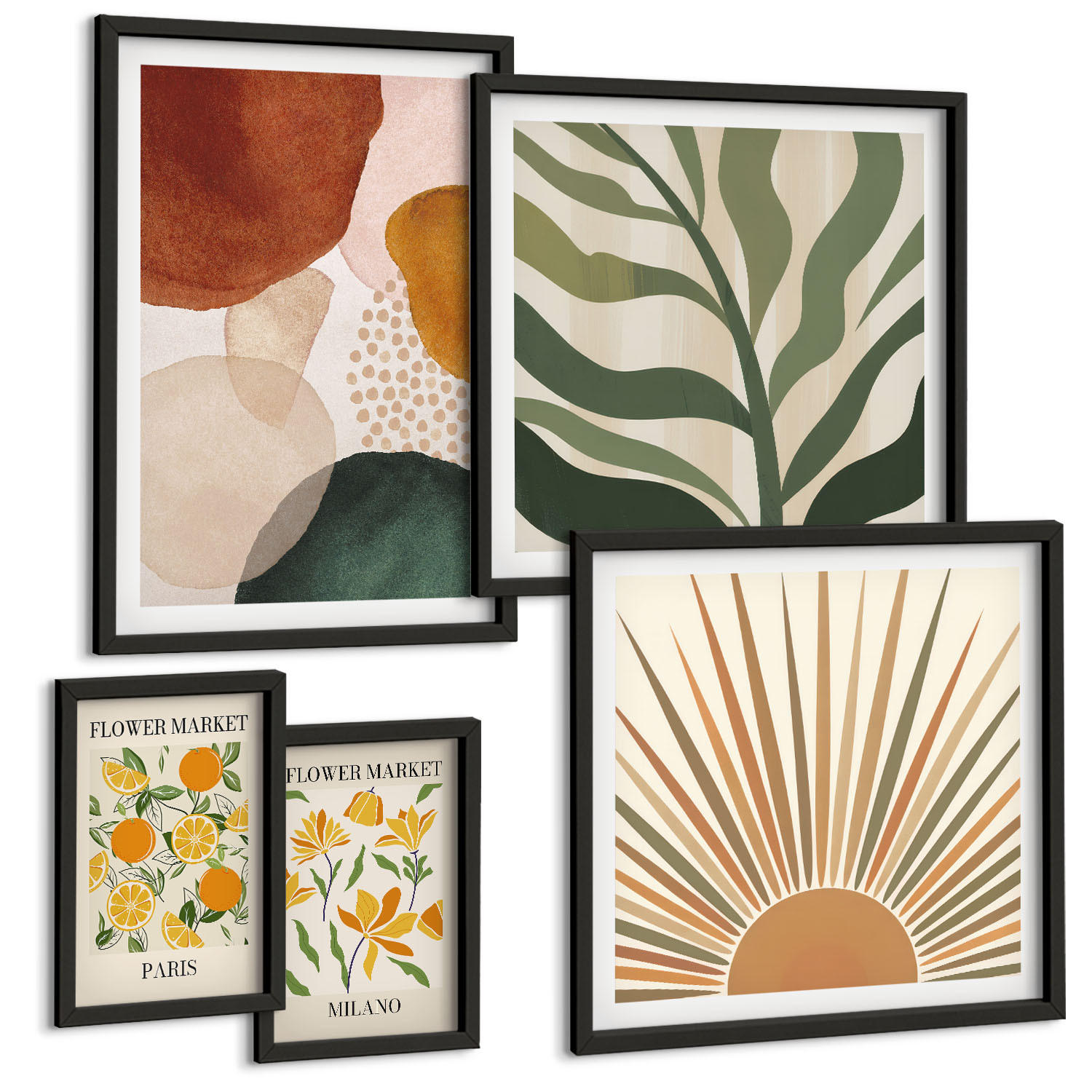 BILDER SET 5er Set - 50x50 cm & 20x30 cm & 40x60 cm Schwarzer Rahmen - Abstrakte Blumenmotive - Schwarz, Kunststoff (40/60cm) - TULUP